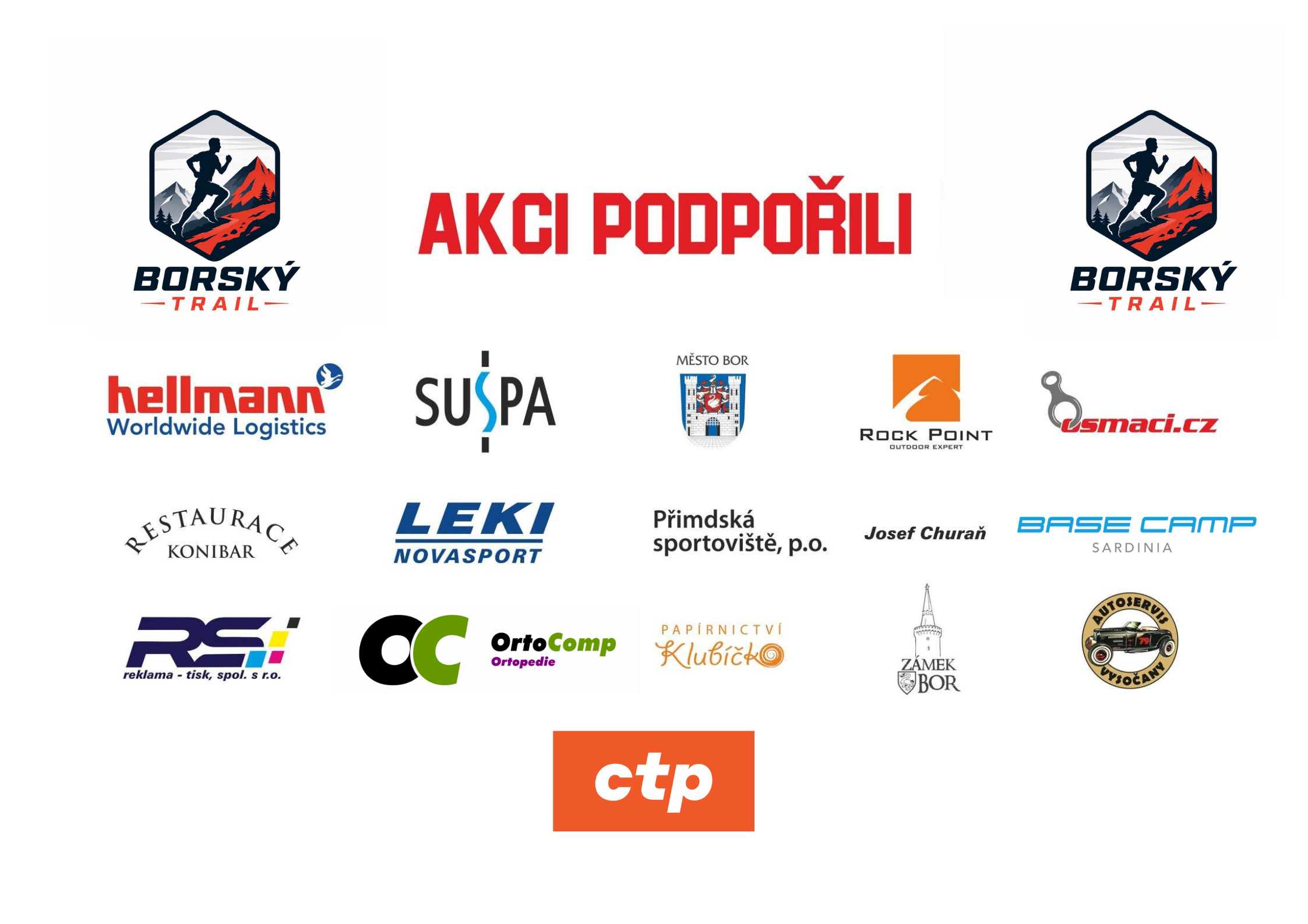 Partneři Borského trailu 2026: Hellmann, SÚSPA, Město Bor, Rock Point, Smací.cz, Restaurace Konibar, Leki Novasport, Přimská sportoviště, Josef Churáň, Base Camp Sardinia, RS reklama a tisk, OrtoComp, Papírnictví Klubíčko, Zámek Bor, Autoservis Vysočany a CTP